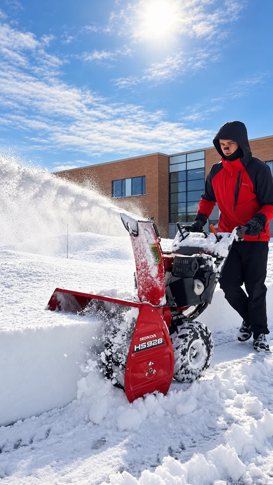 Milo clearing snow with a red snowblower in Milton